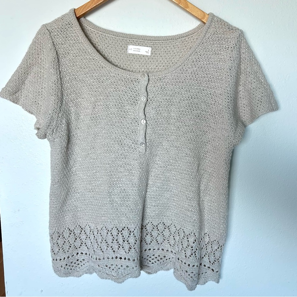 LC Lauren Conrad Taupe Crochet-Hem Top Large NWOT